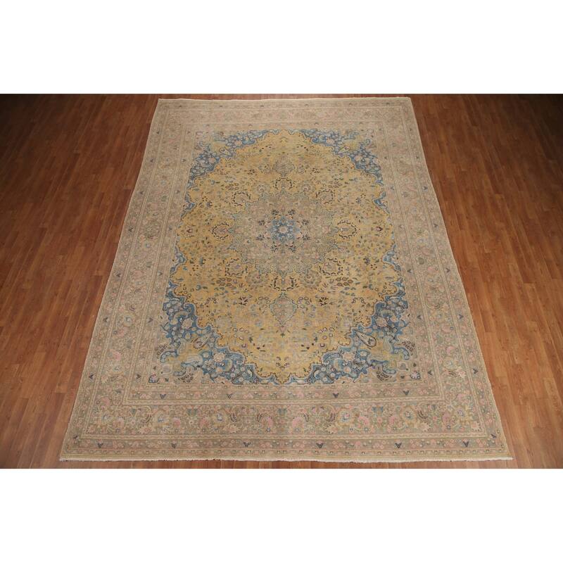 Hand Knotted Oriental 100% Wool Carpet Traditional Floral Yellow & Gold Mashad Area Rug - 12' 6'' X 9' 7''