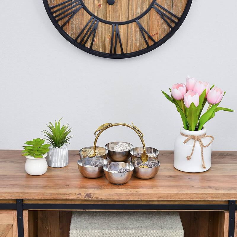 Berkware Shiny Polished Stainless Steel Six Sectional Serving Bowl with Gold Leaf Handle