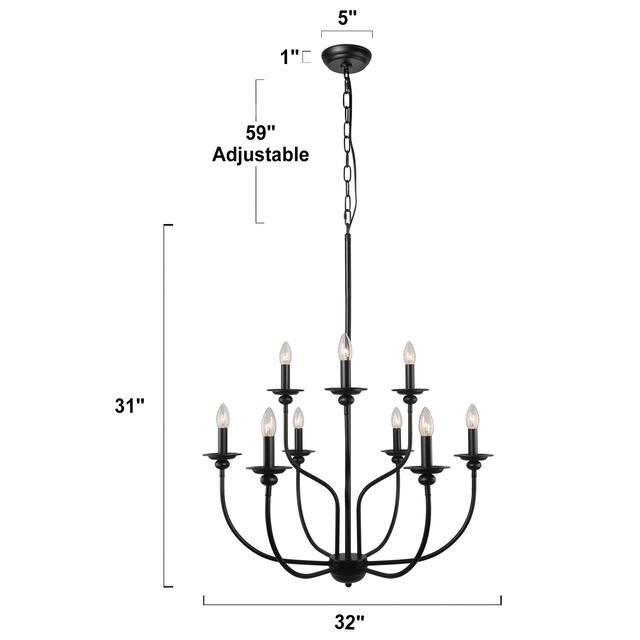 Farmhouse 9-Light 32 inch Black 2-tier Mid-Century Modern Candle Chandelier for Dining Room - D32"x H31"