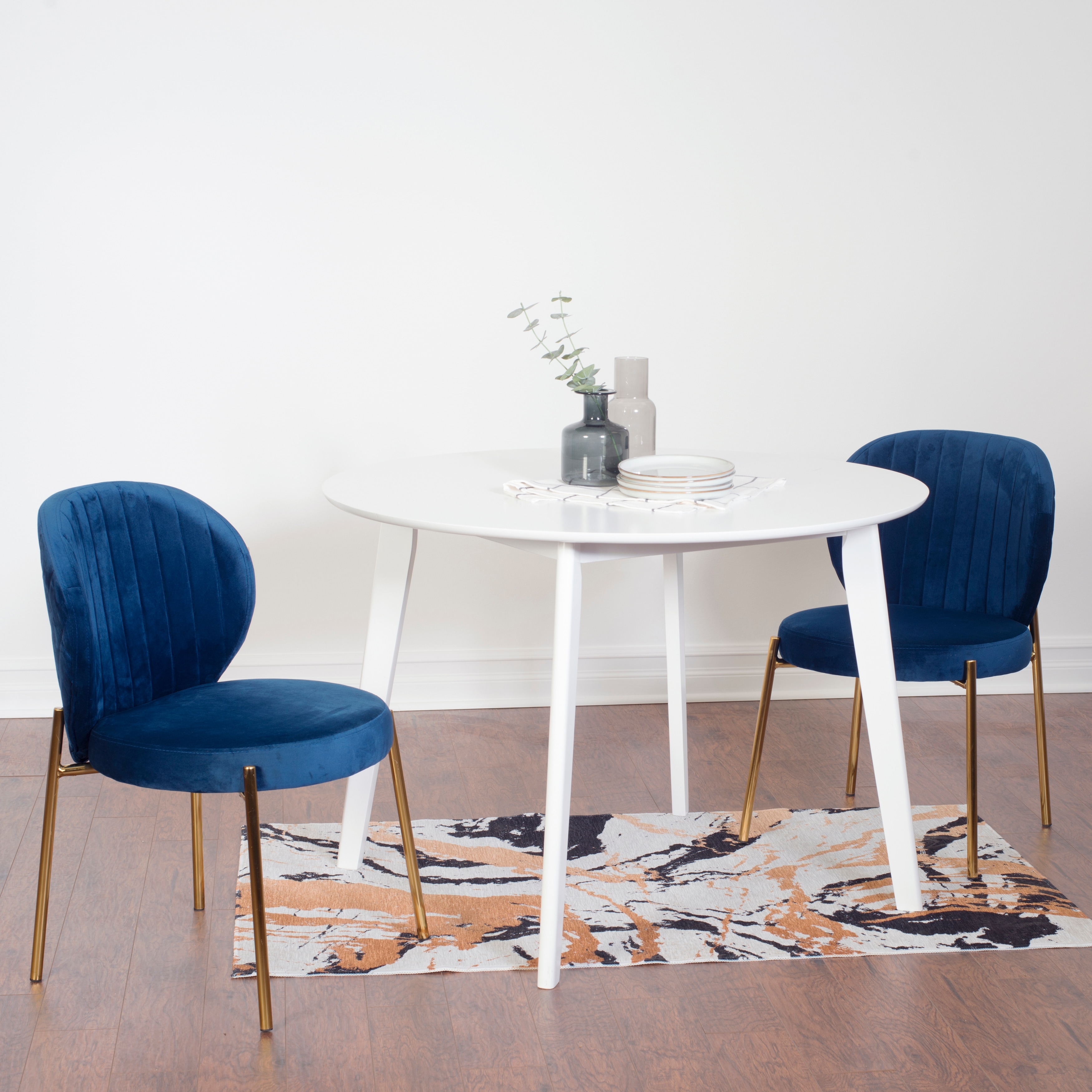 3-Piece Dining Set with 2 Blue Velvet Chairs and Round Dining Table