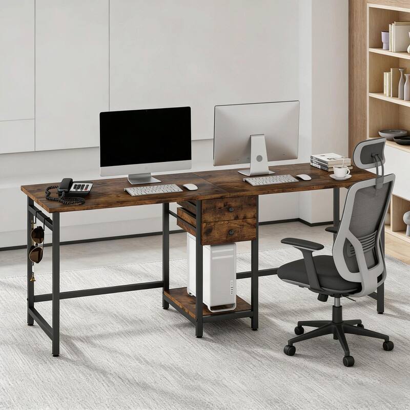 Extra-Large 2-Person Office Desk with Drawers, Open Shelf and Steel Frame