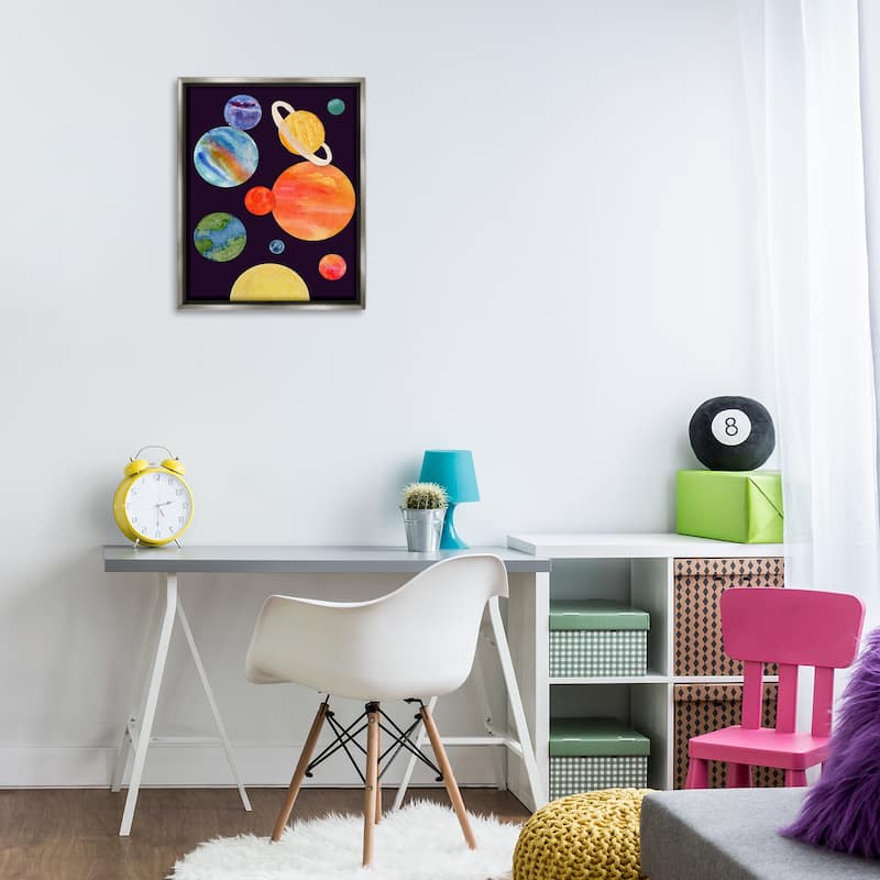 Stupell Watercolor Planets on Black Framed Floater Canvas Wall Art Design By Corinne Rose Designs