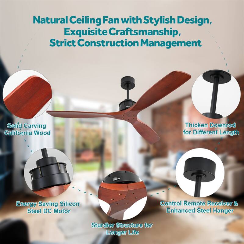 52"/60"/48" Noiseless Walnut Wood Ceiling Fan with Remote Control, Integrated Light Optional