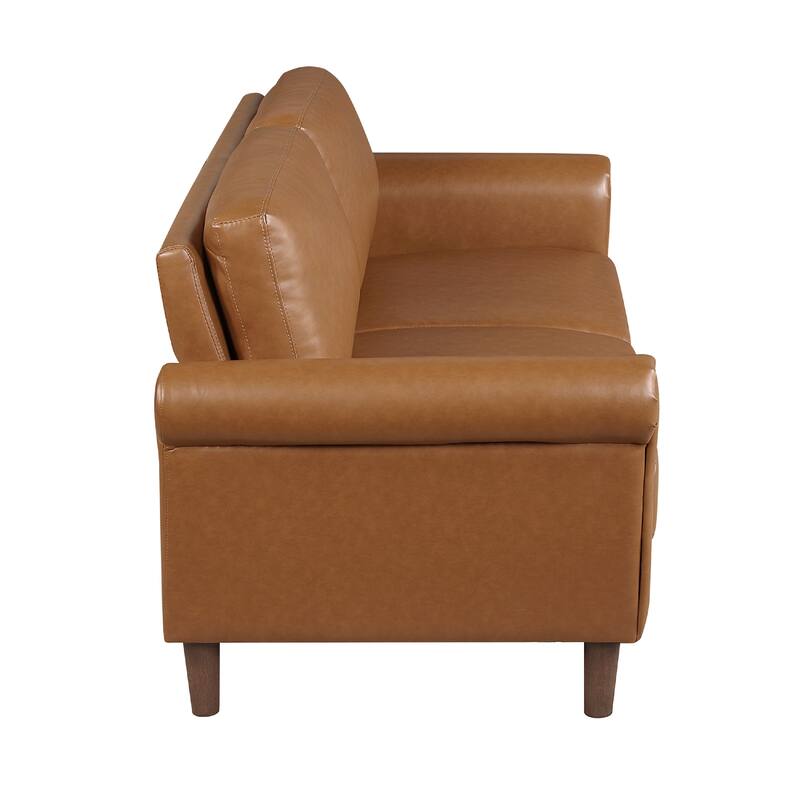 Lo Loveseat w Rolled Arms, Mid Century Brown Faux Leather 57 Inch