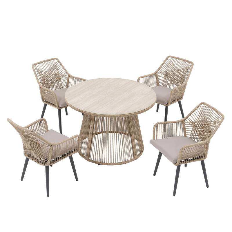 5 Pieces Outdoor PE Rattan Patio Dining Set with Round Tempered Glass Table