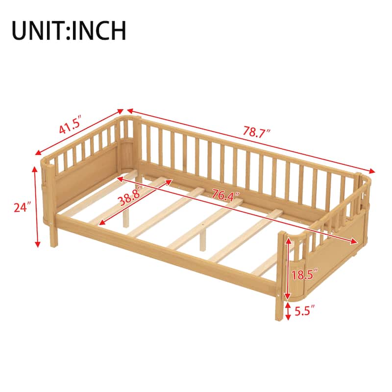 Multi Size Low Platform Bed for Kids with Rounded Corners Guardrails, Detachable Right-side Fence and Open Left-side Design
