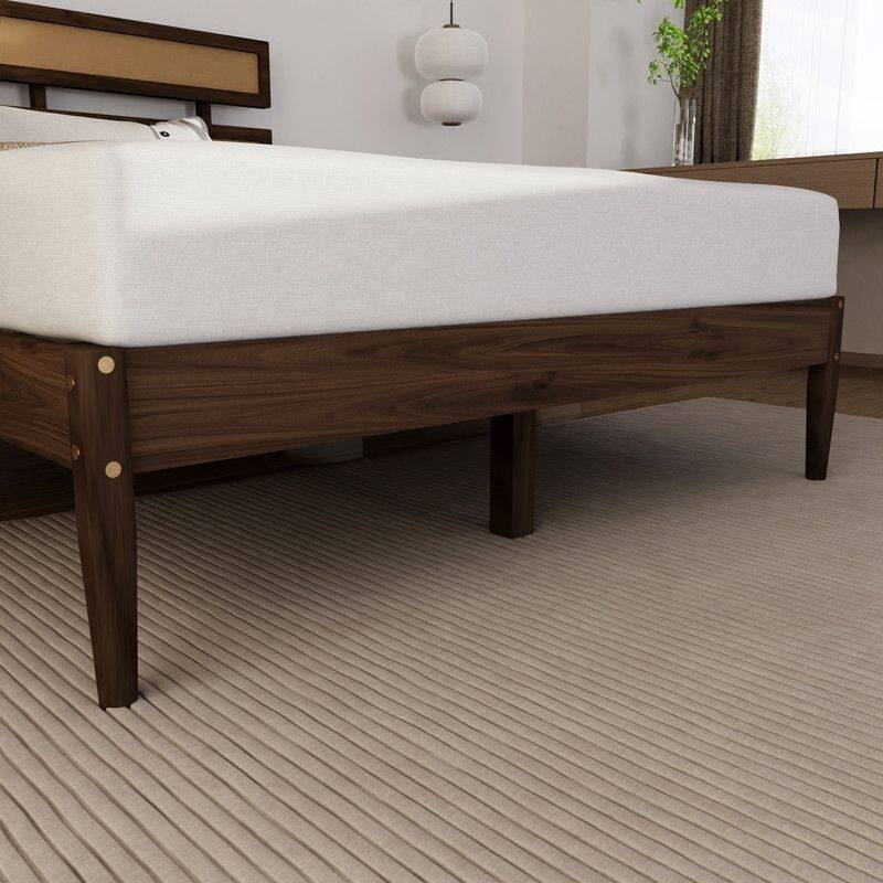 Solid Wood Full Bed Frame Platform Bedframe with Rattan Headboard