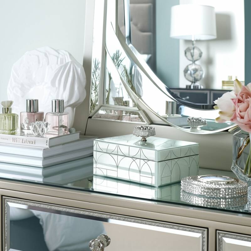 Glass and Wood Glam Decorative Contemporary Box with Stone Accent