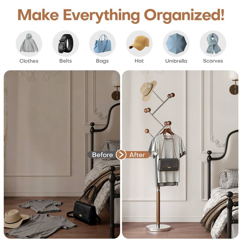 Coat Rack Freestanding, Metal Coat Tree with 8 or 9 Hooks and Heavy Duty Marble Base - 71.26”H x 14.96”W