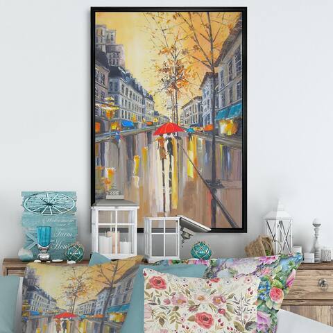 Designart 'Couple In Rain In Paris' French Country Framed Canvas Wall Art