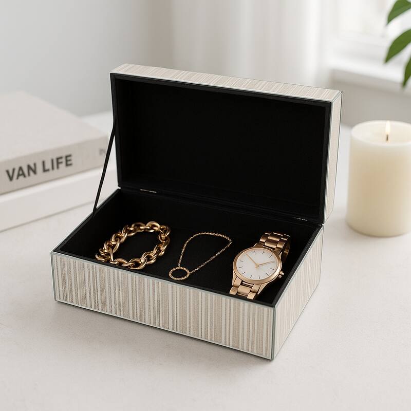 Glass Decorative Storage Jewelry Box with Lid - 8" x 5.25" x 4.75" - Gold/ Metallic