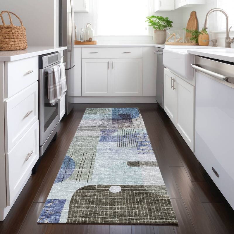 Machine Washable Indoor/ Outdoor Abstract Contemporary Chantille Rug - Blue - 2'3" x 7'6"