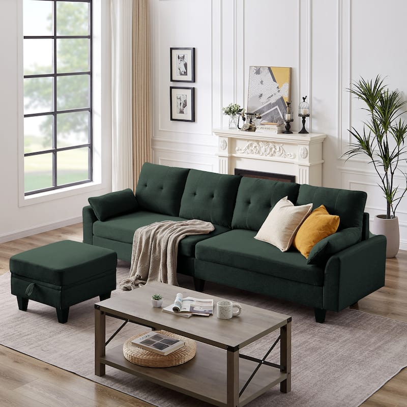 Modern Sectional Sofa Couch L Shaped With Chaise Storage Ottoman and Side Bags For Living Room - Green