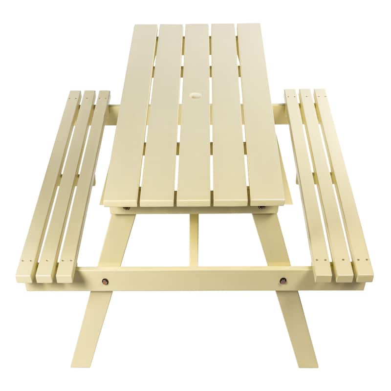 Porto 59" Modern Classic Outdoor Wood Picnic Table Benches with Umbrella Hole, by JONATHAN Y - Almond