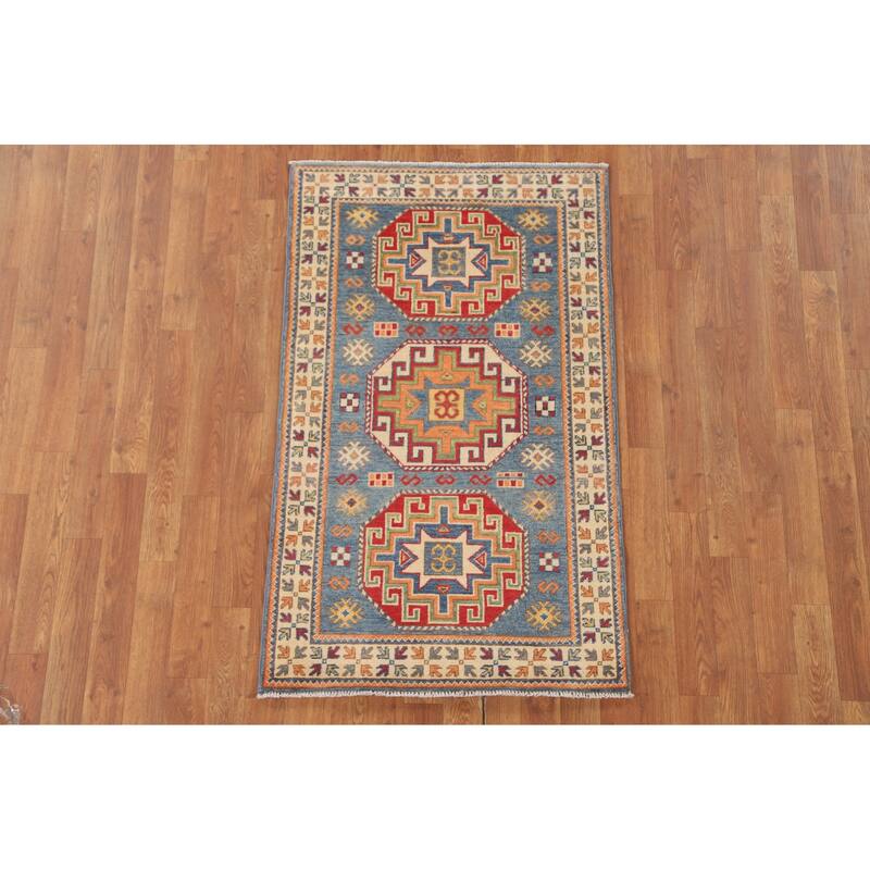 Light Blue Kazak Accent Rug Handmade Wool Carpet - 2'7" x 4'3"