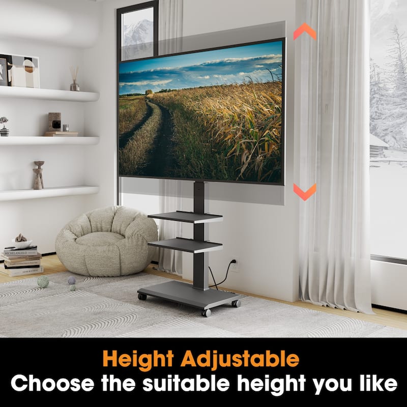 FITUEYES Rolling TV Stand with Wheels For 32-70 Inch TVs, with Power Outlet and Two Shelf TV Console ,Hold Up To 88 Lbs