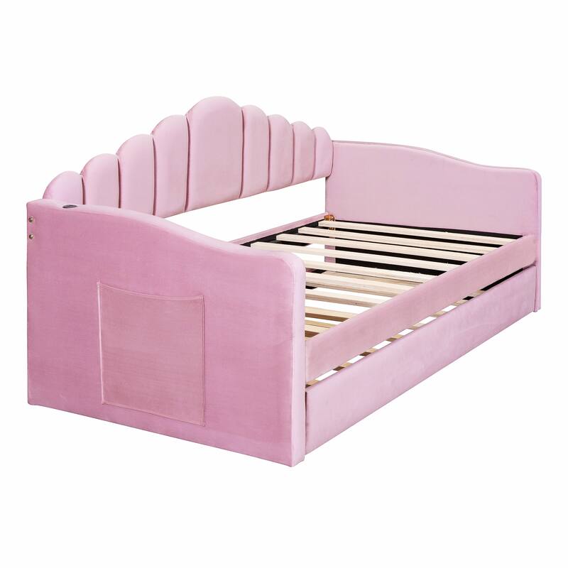 Roomfitters Twin Upholstered Daybed with Trundle, Velvet Sofa Bed with USB Charging Ports, No Box Spring, Pink