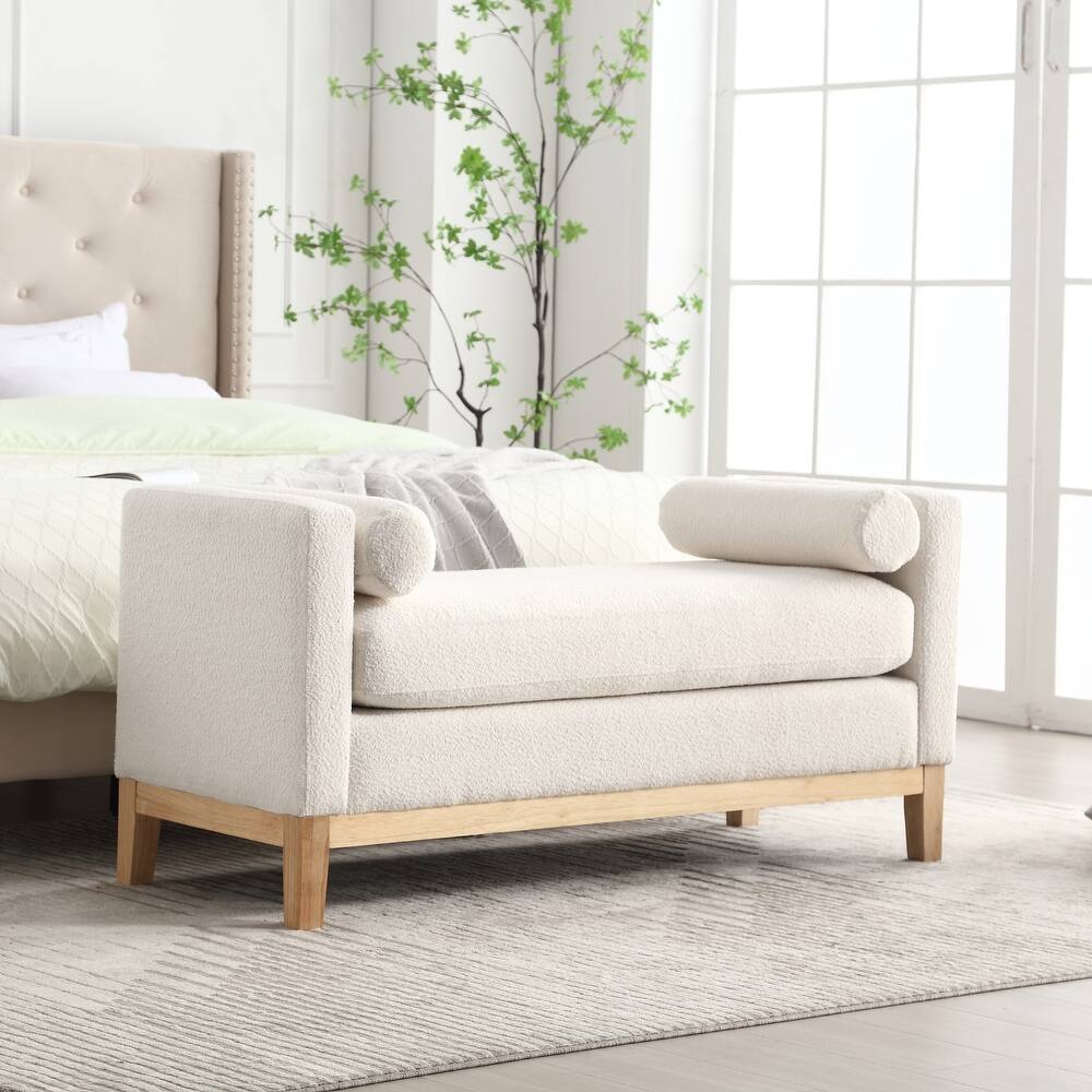 Modern Boucle Upholstered Bedroom Bench With Wood Legs,Entryway Bench