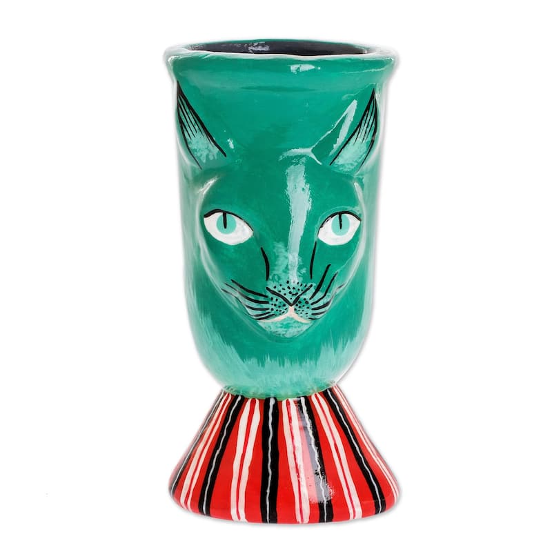 Novica Handmade Top Cat In Green Ceramic Flower Pot
