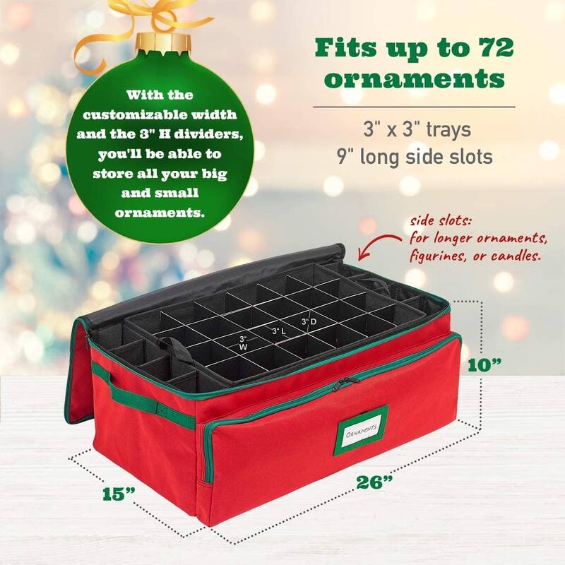 Premium Christmas Ornament Storage Box - Hold Up to 72 - 3 Inch Ornaments, + 8 Side Slots for Figurines, Nutcrackers, etc.