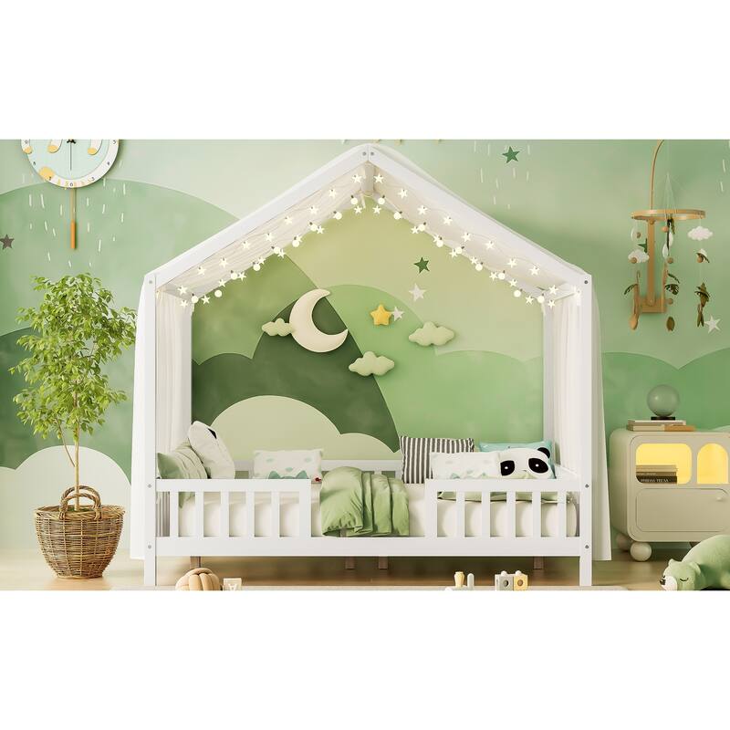 Montessori Floor Bed with Canopy, Full Bed Frame for Kids, House Shape Toddler Bed Frame with High Railings,Full