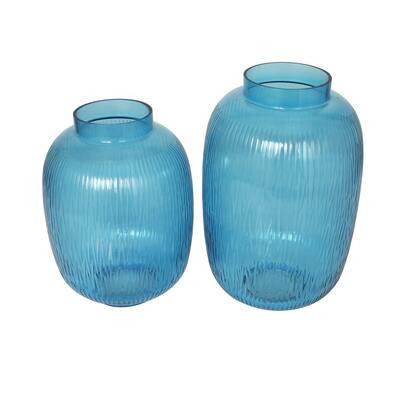 Blue Glass Ribbed Vase (Set of 2)