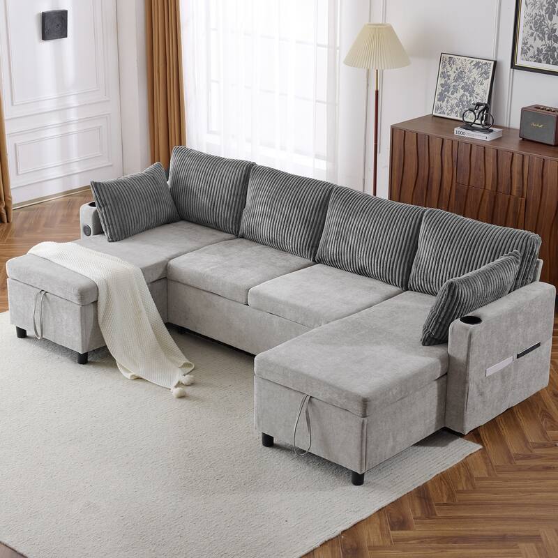 Multifunctional Sectional Sofa Bed with Pull-Out Sleeper, Dual Storage Chaises, USB Ports and Cup Holders for Living Room