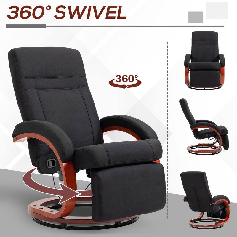 Black Linen Swivel Recliner Chair with Wooden Base and Footrest