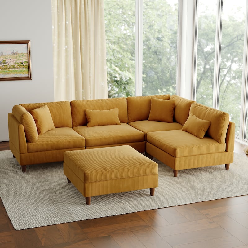 5-Piece Modern Comfy Corduroy Modular Sectional Sofa with Ottoman
