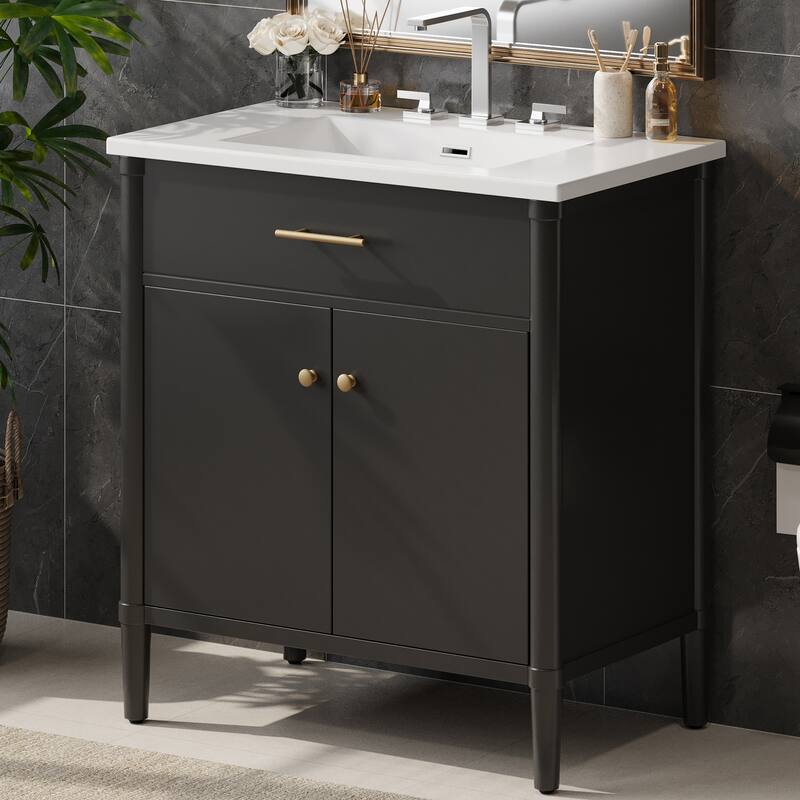 31 Inch Bathroom Vanity with Sink Soft Close Doors Adjustable Shelf Rubber Wood Legs, Curved Profile Design - Black