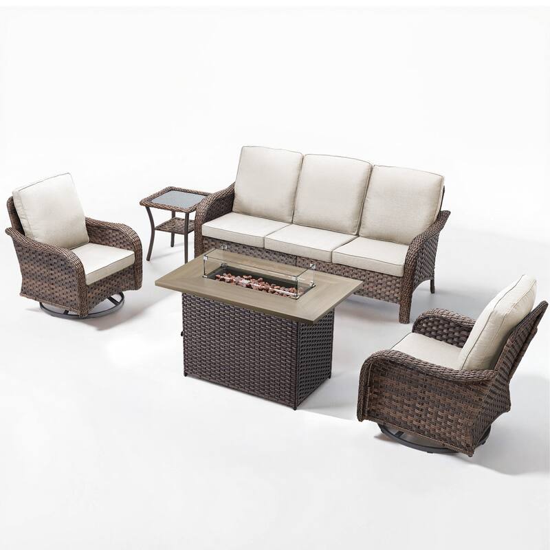 Cavira Brown Wicker Patio Fire Pit Conversation Set with Swivel Gliders