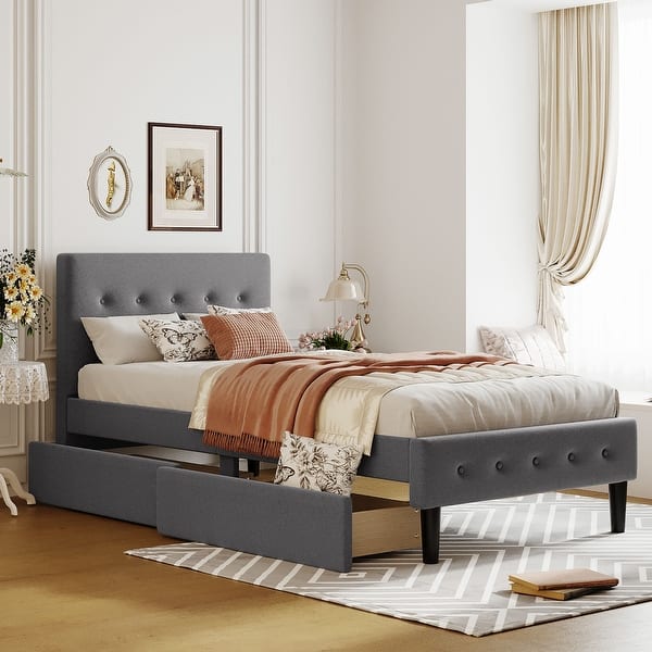 slide 2 of 18, Twin Size Upholstered Platform Bed with 2 Drawers Grey