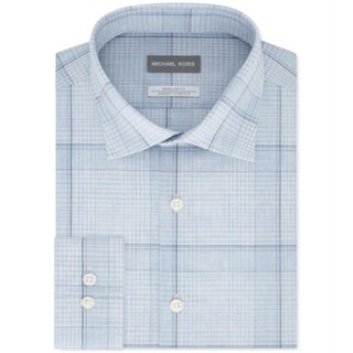 Michael Kors Men's Slim-Fit Non-Iron Airsoft Performance Stretch Check Dress Shirt Blue Size 15.5X32-33