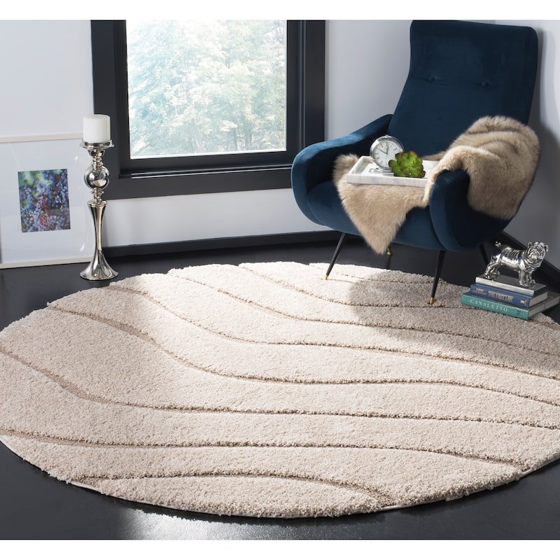 SAFAVIEH Florida Shag Hervor Soft Serene Waves 1.2-inch Thick Rug - 5' Round - Cream/Beige - Round