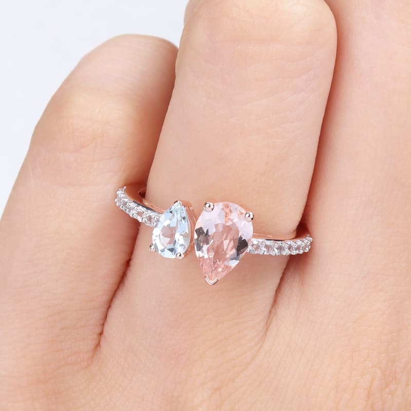 Miadora Pear Shape Aquamarine, White Topaz and Morganite Engagement Ring in 10k Rose Gold