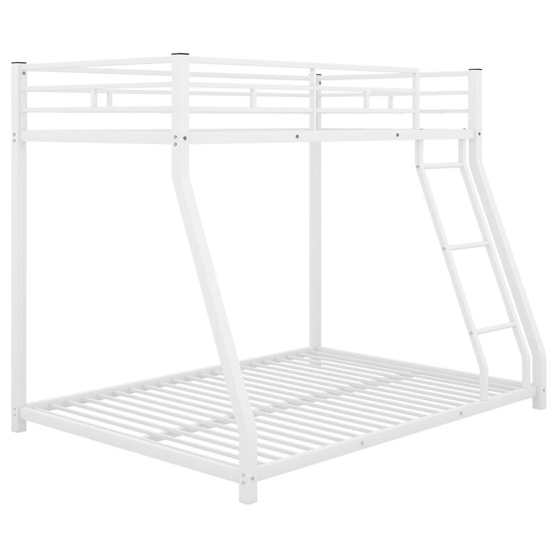 Twin over Full Bunk Bed, Floor Metal Bunk Bed with Full-Length Guardrail and Ladder, Metal Bed Frame, No Boxing Spring Needed