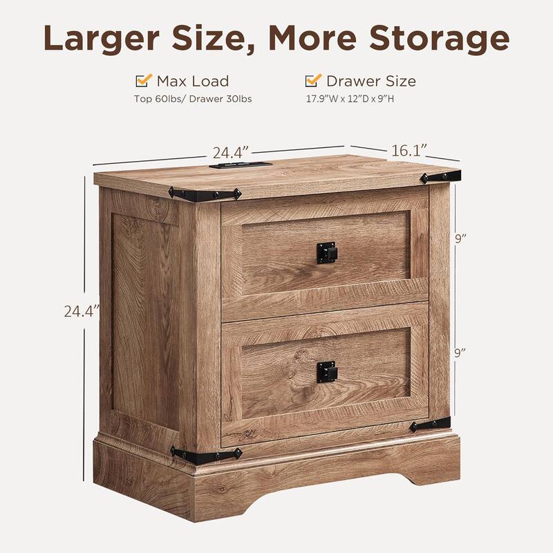 Farmhouse 2 Drawers Nightstand with Charging Station, Large End Table