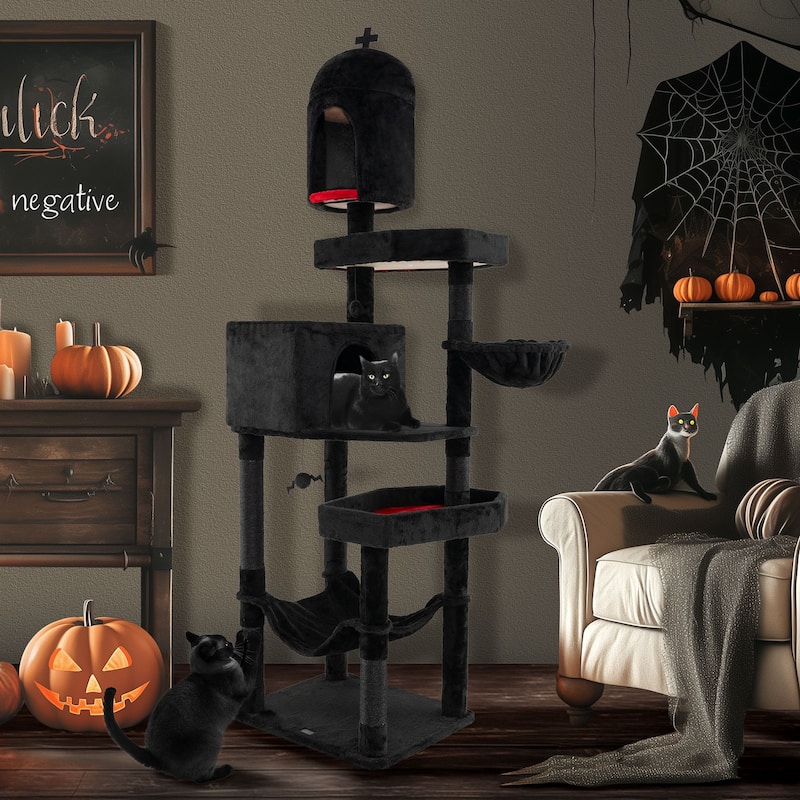 Black Gothic Cat Tree with 2 Cat Condos and Coffin Bed for Indoor Use - 24" x 19.5" x 80"