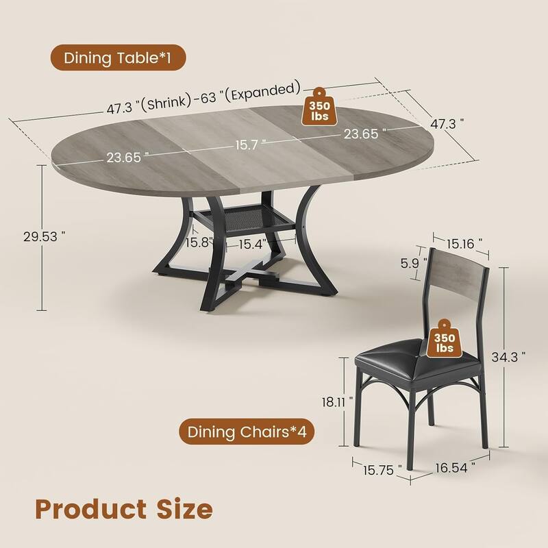 Extendable Dining Table Set 4-6 People 5-Piece Kitchen Table Set with 4 Cushion Chairs