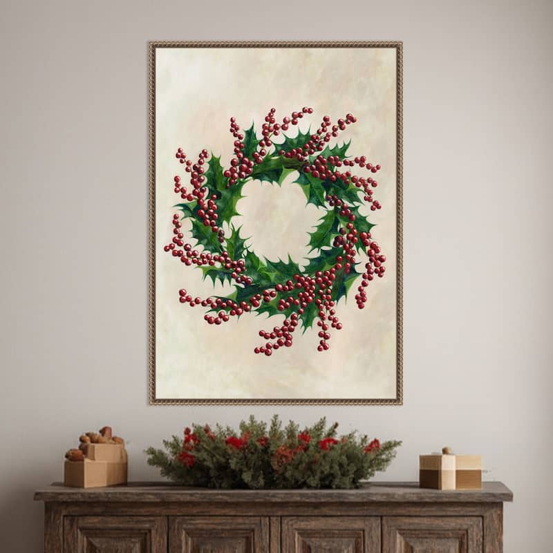 Holly wreath by Rosana Laiz Blursbyai (23 x 33 in.), Framed Canvas Wall Art Print - Sylvie Beaded Dark Gold