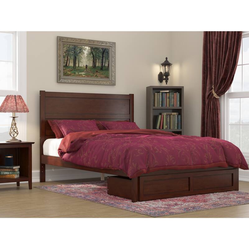 Walnut Platform Bed with Storage Drawer - Modern Wood Slat Bed Frame - HomeStock Noho