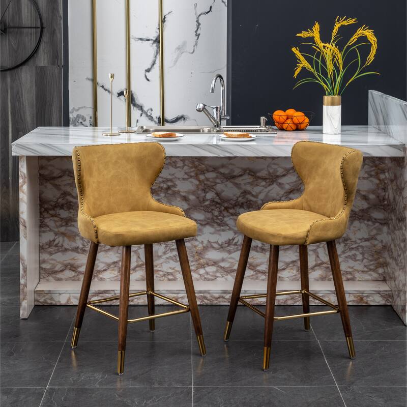 Mid-century Faux Leather Bar Stool Set of 2, Tufted Backrest Nailhead Trim Bar Height Chair w/Footrest for Kitchen, Dining Room