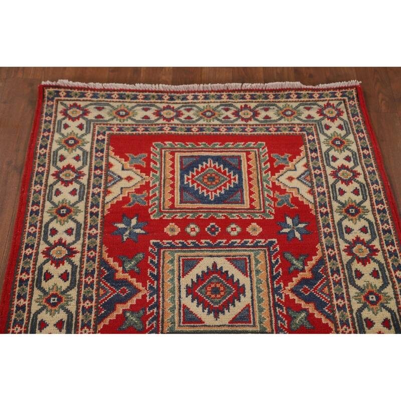 Geometric Kazak Runner Rug Hand-Knotted Red Wool Carpet - 2'9" x 9'4"