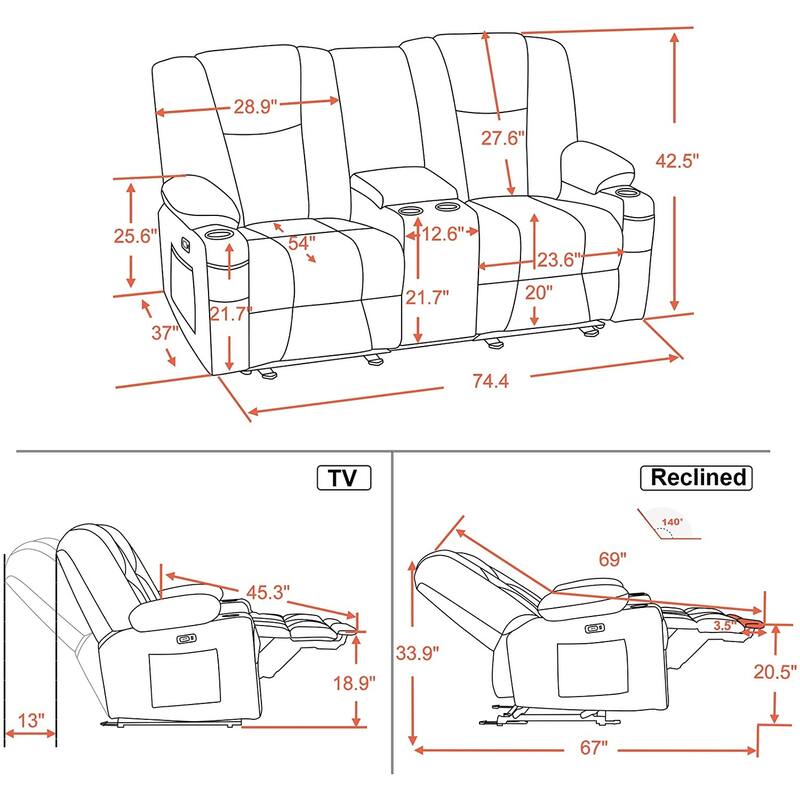 MCombo Electric Power Reclining Sofa with Massage and Lumbar Heat, Fabric 6015/6025/6035/6045