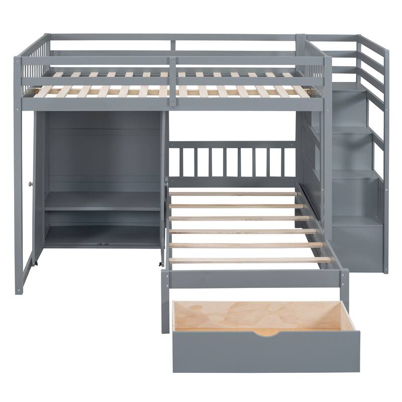 Full Over Twin Bunk Bed with Wardrobe and Drawers in Gray