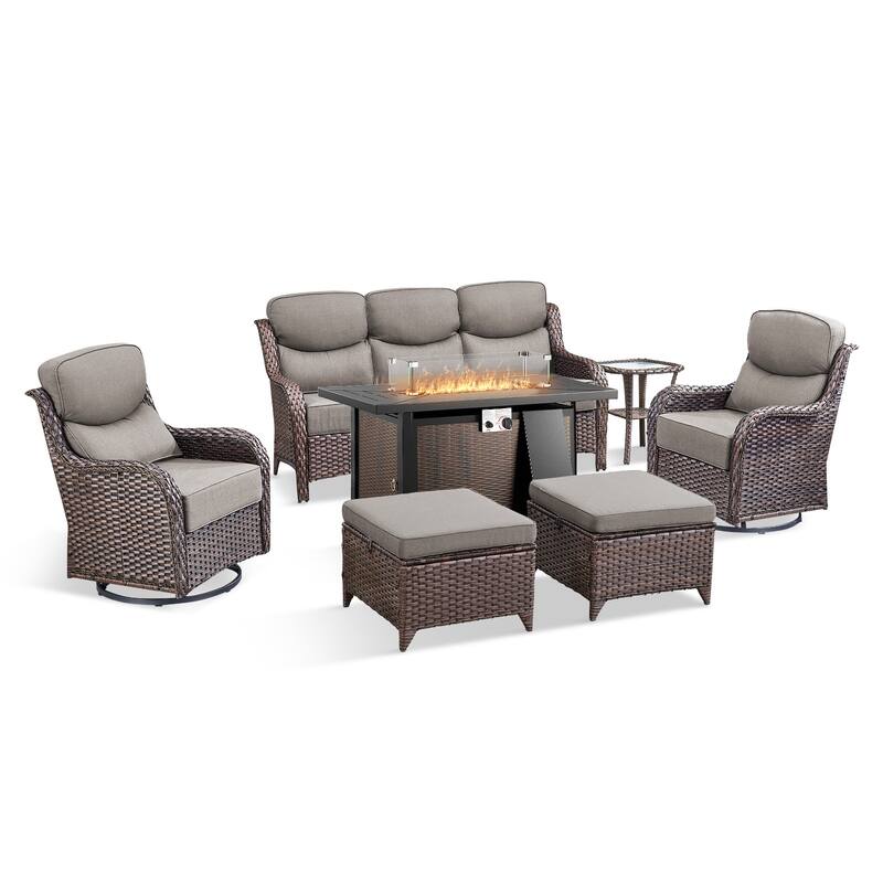Pocassy Patio Sofa Swivel Chairs Ottoman w/ 43in Fire Table Set