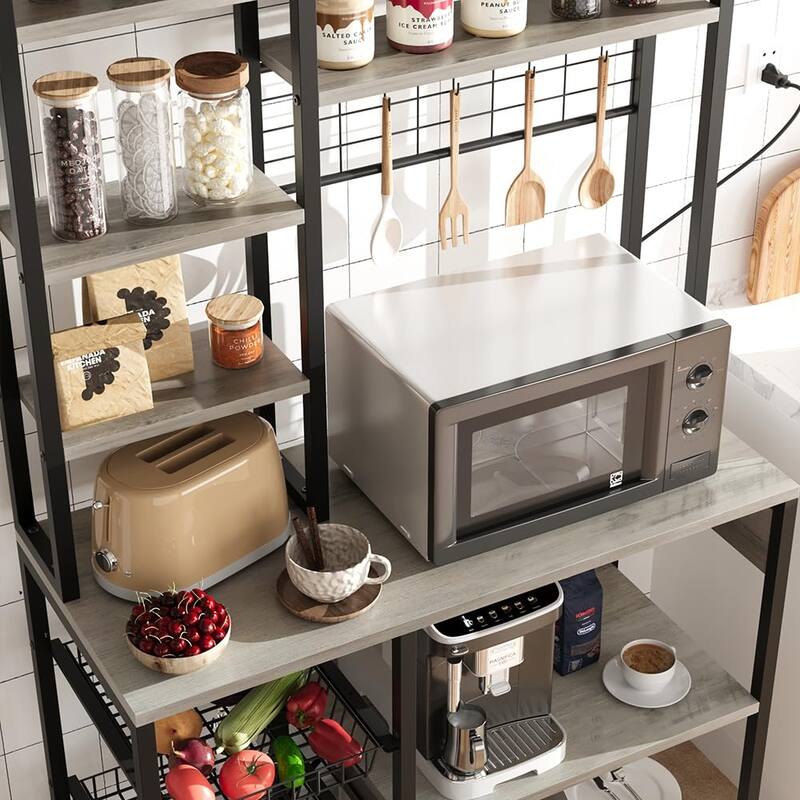 Bakers Rack with Power Outlet, Industrial Microwave Stand