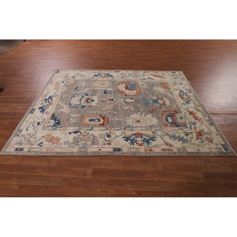 Vegetable Dye Grey Oushak Turkish Area Rug Handmade Floral Wool Carpet - 5'4"x 7'8"