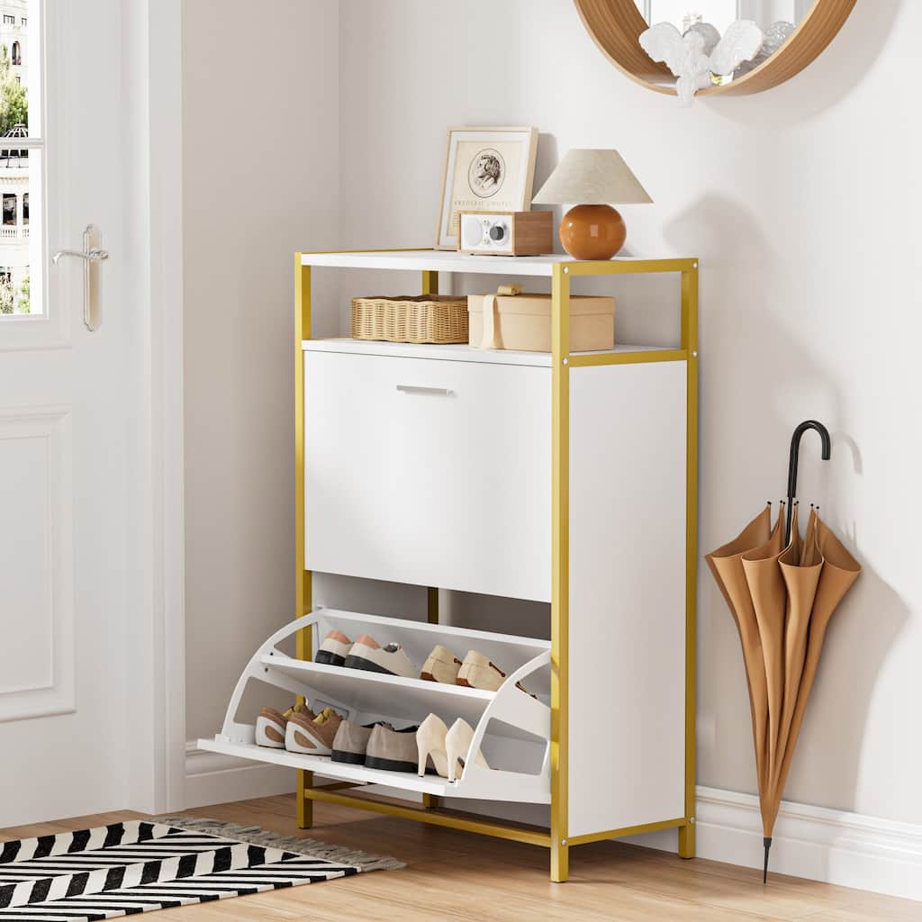 VECELO White and Gold Shoe Storage Cabinet with 2 Flip Drawers & Open Shelf Entryway Organizer for Hallway and Living Room