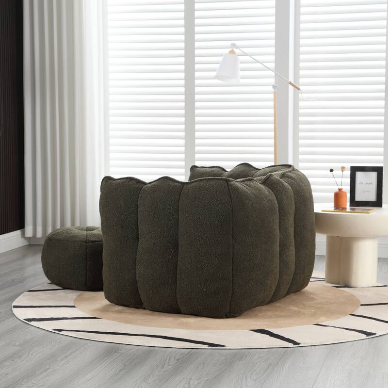 Extra-Large Chenille Bean Bag Chair with Footstool, Comfy Bean Bag Sofa for Adults, High Resilient Foam Square Lazy Sofa